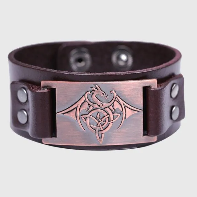 Celtic Wyvern Triquetra Leather Bracelet