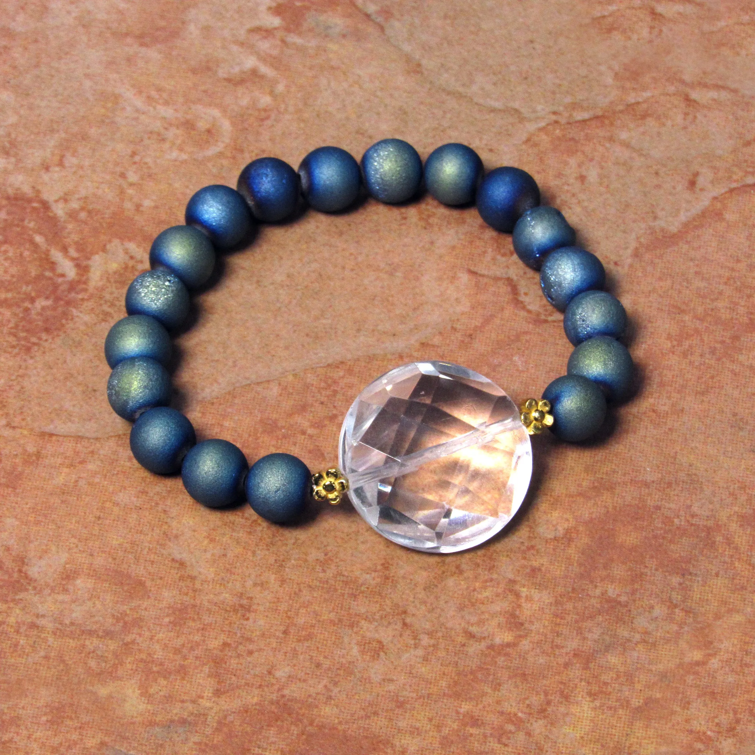 Clear Quartz Gemstone and Druzy Agate  7 stretch Bracelets