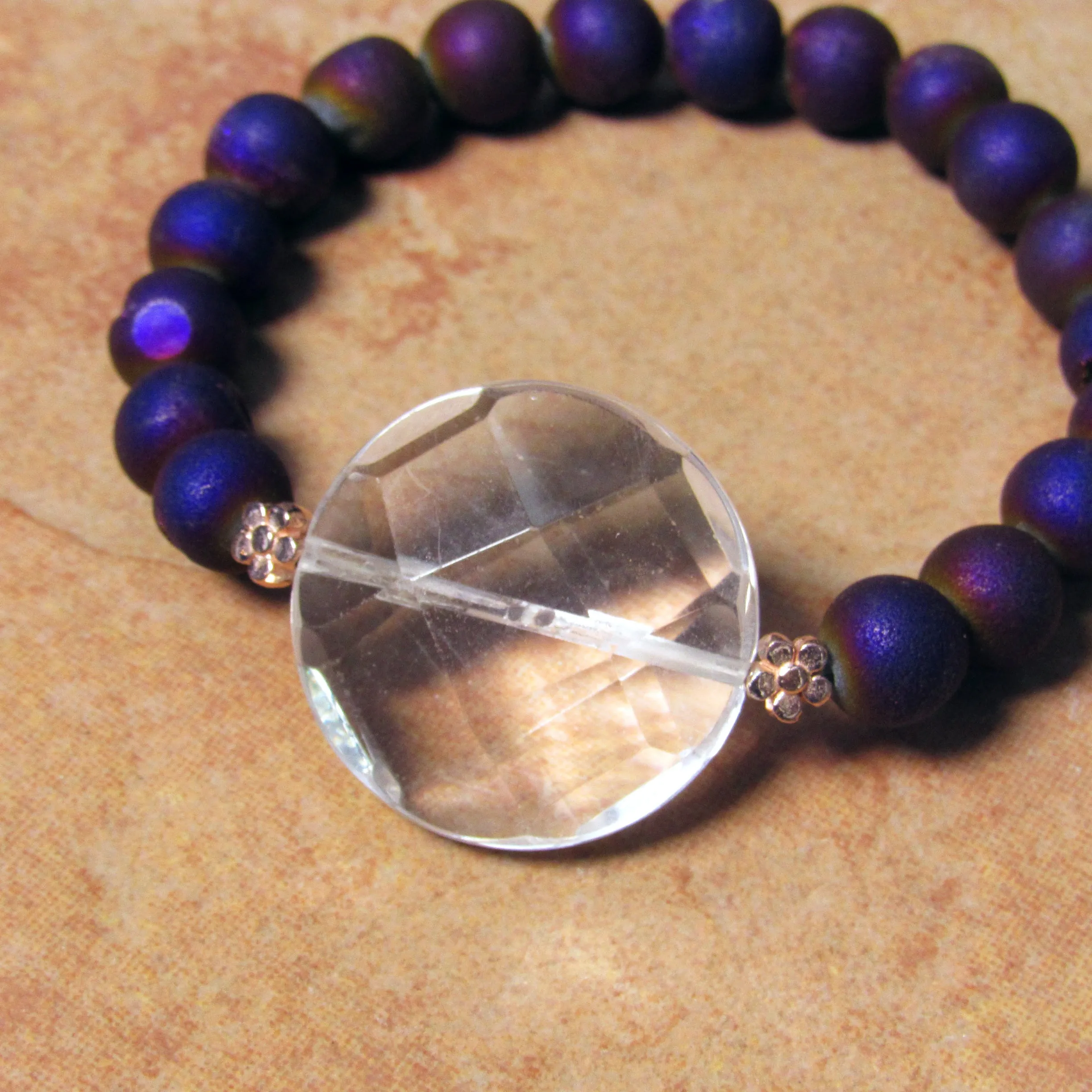 Clear Quartz Gemstone and Druzy Agate  7 stretch Bracelets