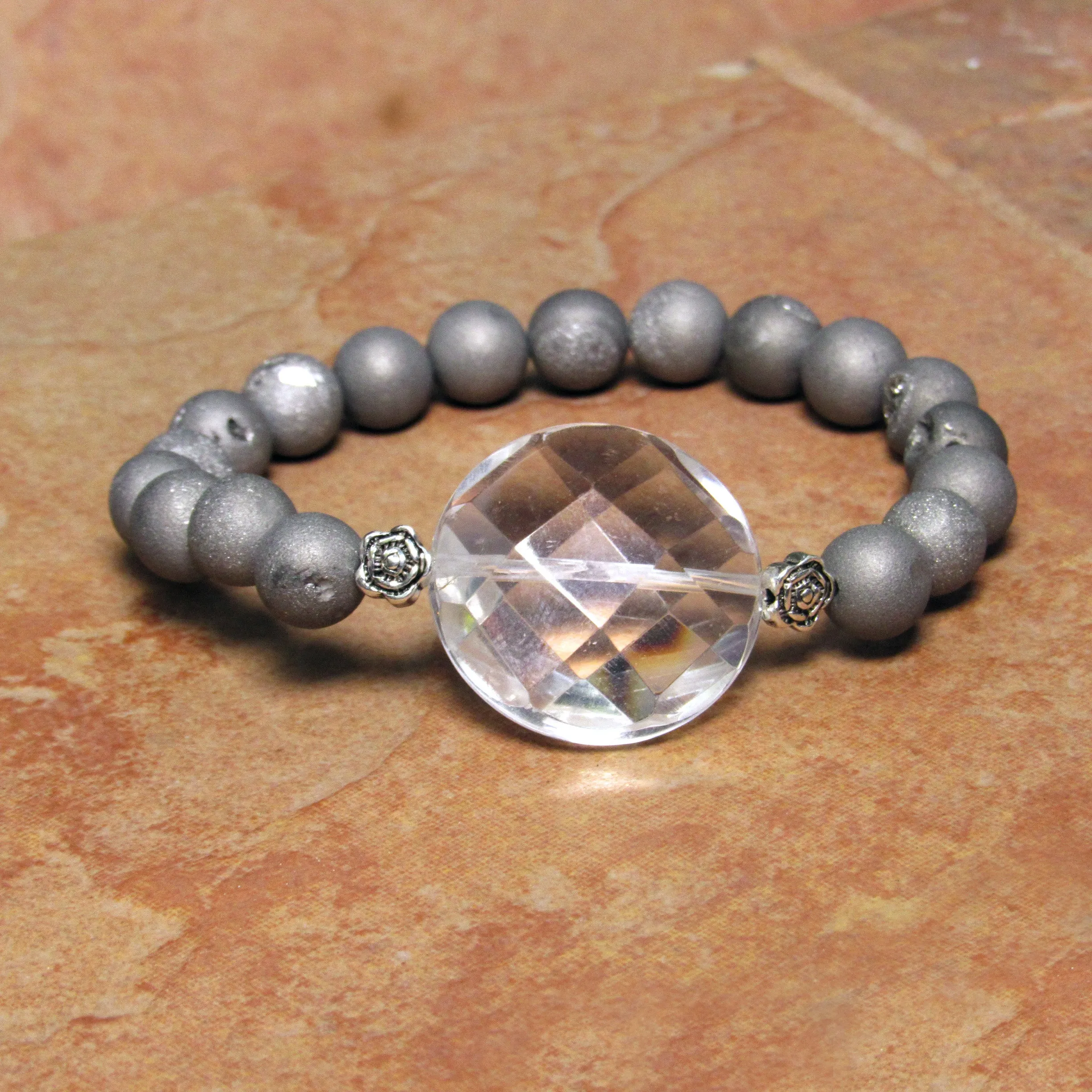 Clear Quartz Gemstone and Druzy Agate  7 stretch Bracelets