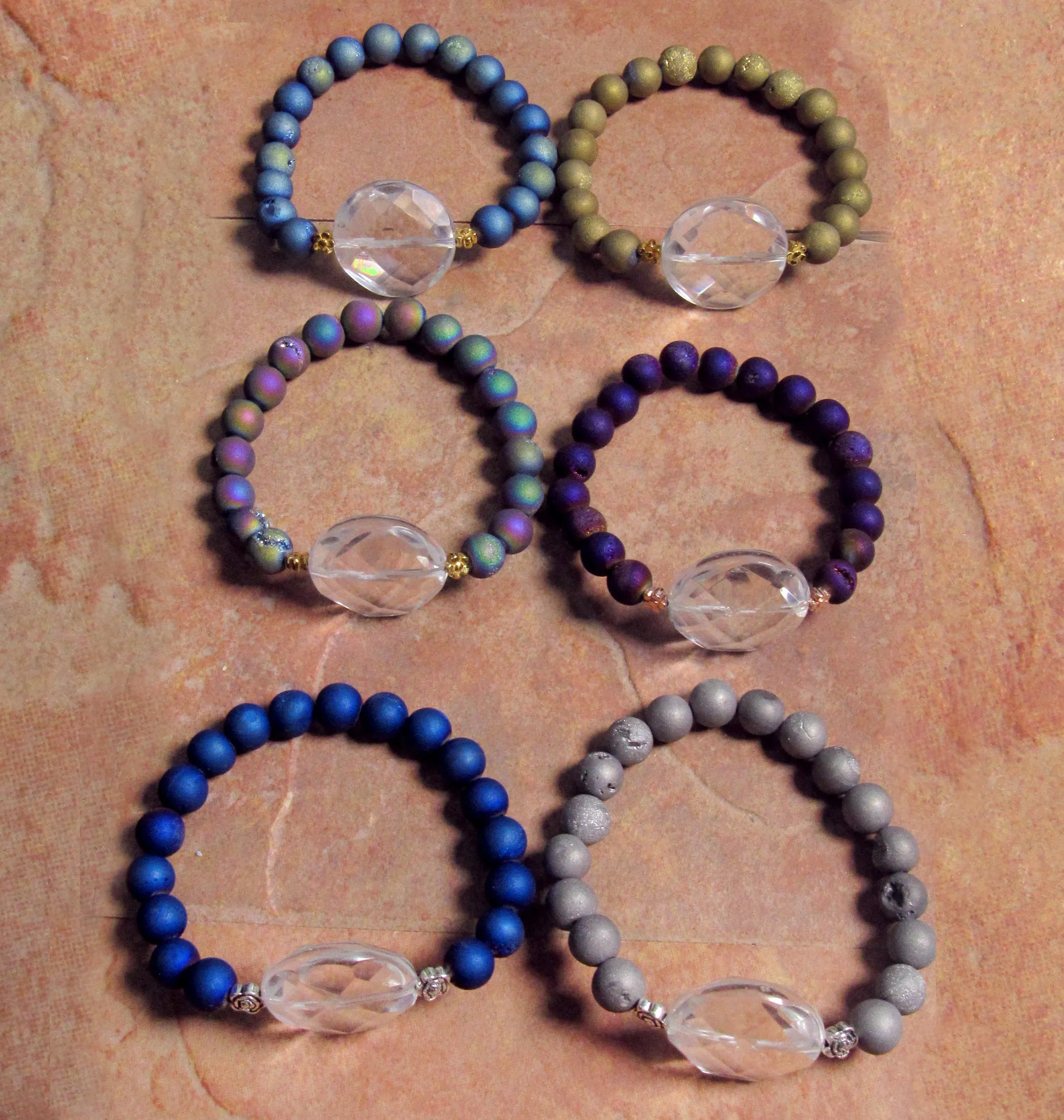 Clear Quartz Gemstone and Druzy Agate  7 stretch Bracelets