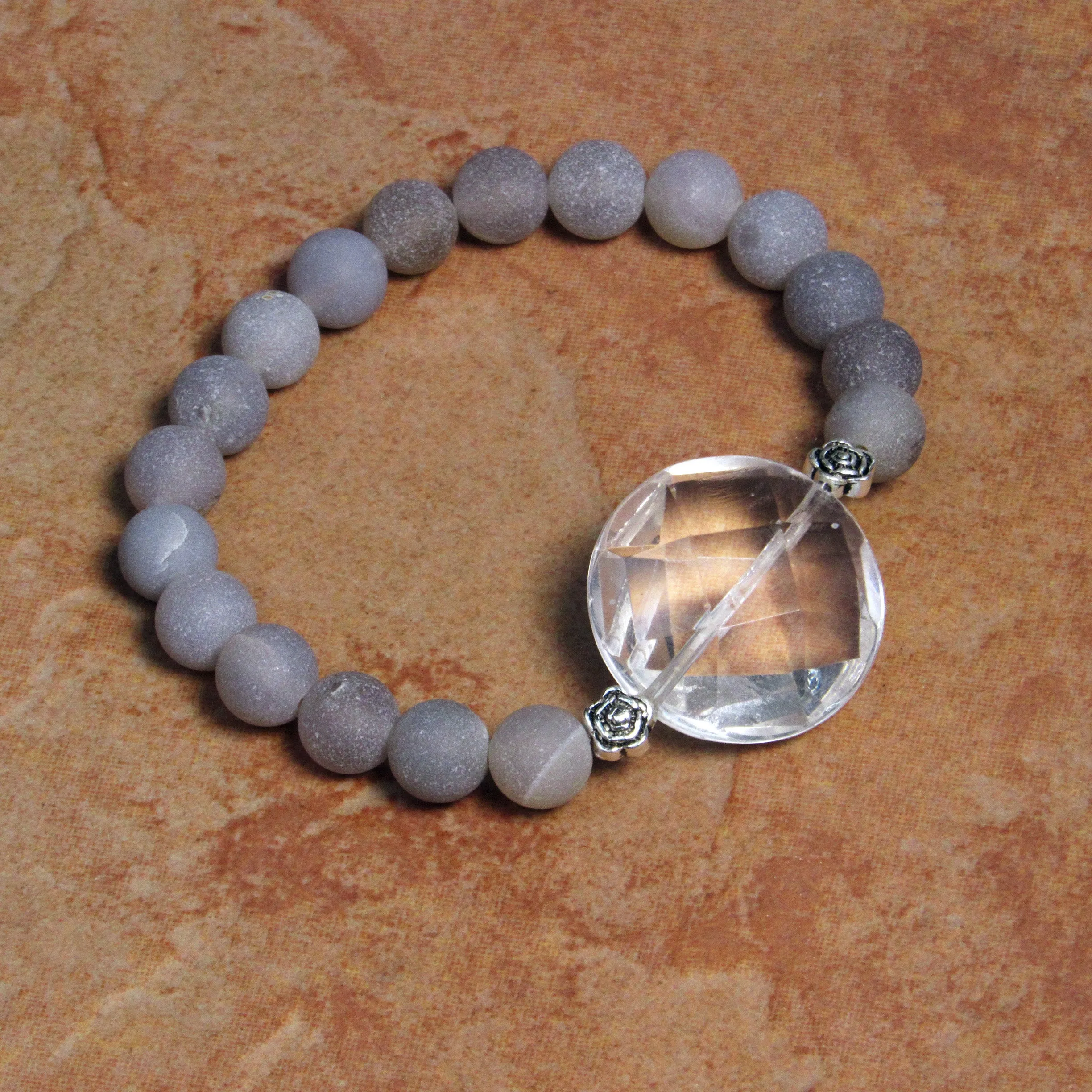 Clear Quartz Gemstone and Druzy Agate  7 stretch Bracelets