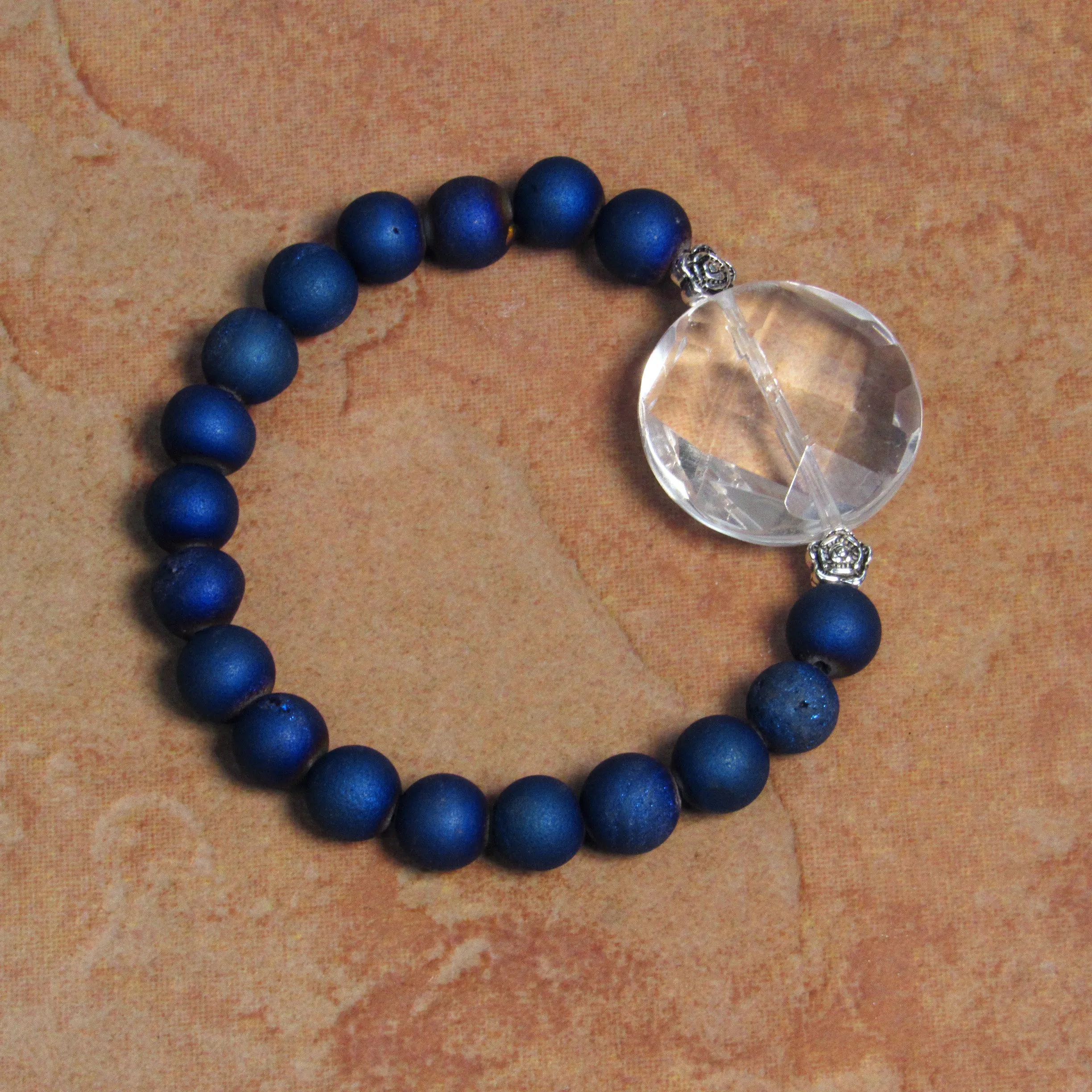 Clear Quartz Gemstone and Druzy Agate  7 stretch Bracelets