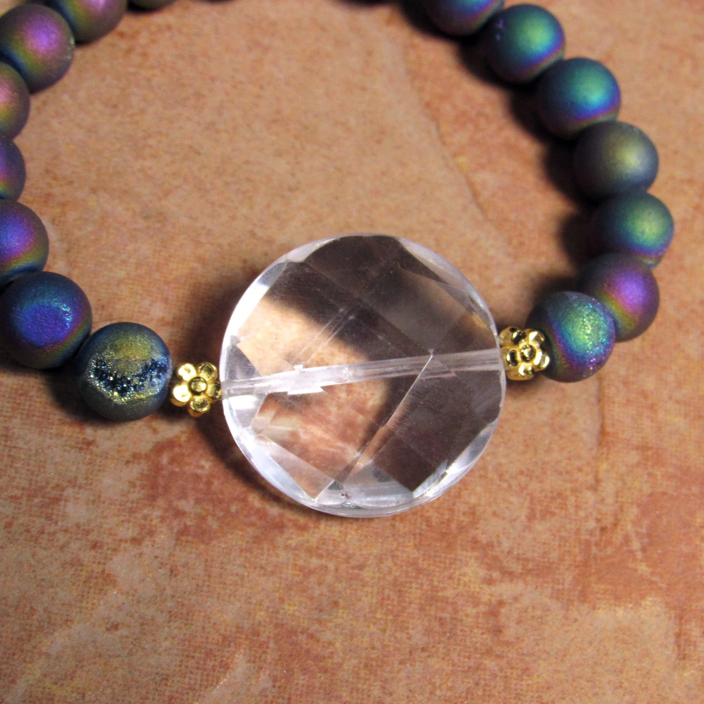 Clear Quartz Gemstone and Druzy Agate  7 stretch Bracelets