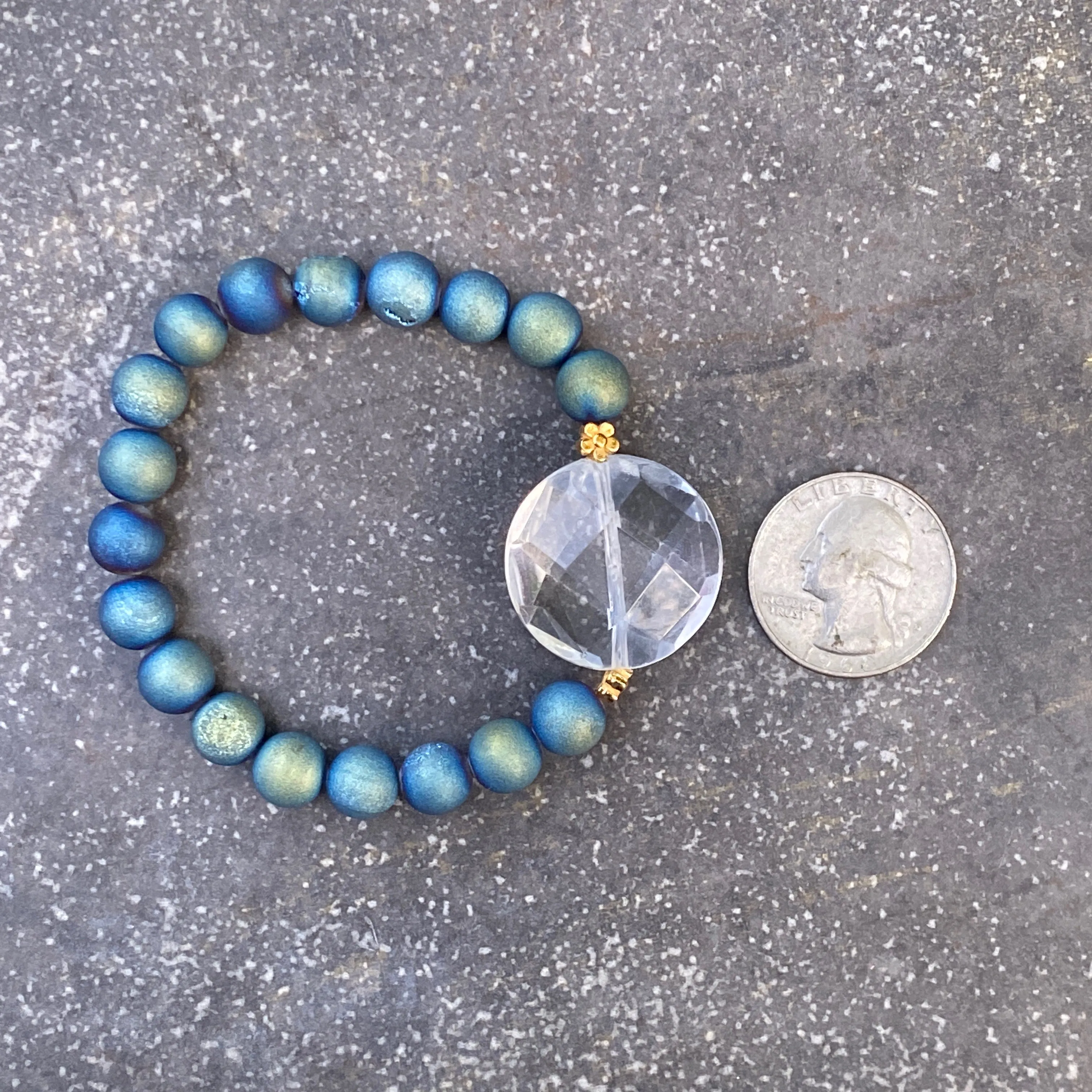 Clear Quartz Gemstone and Druzy Agate  7 stretch Bracelets