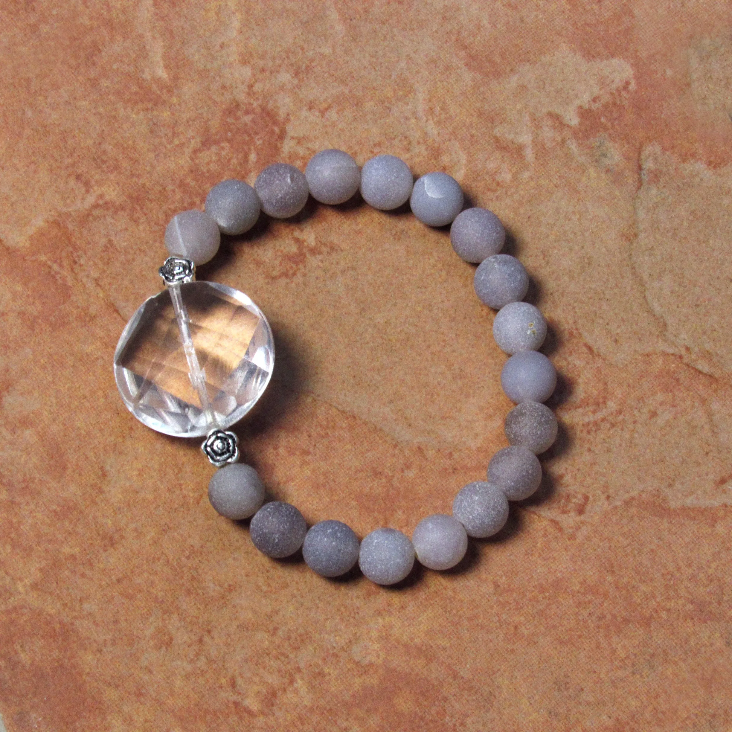 Clear Quartz Gemstone and Druzy Agate  7 stretch Bracelets