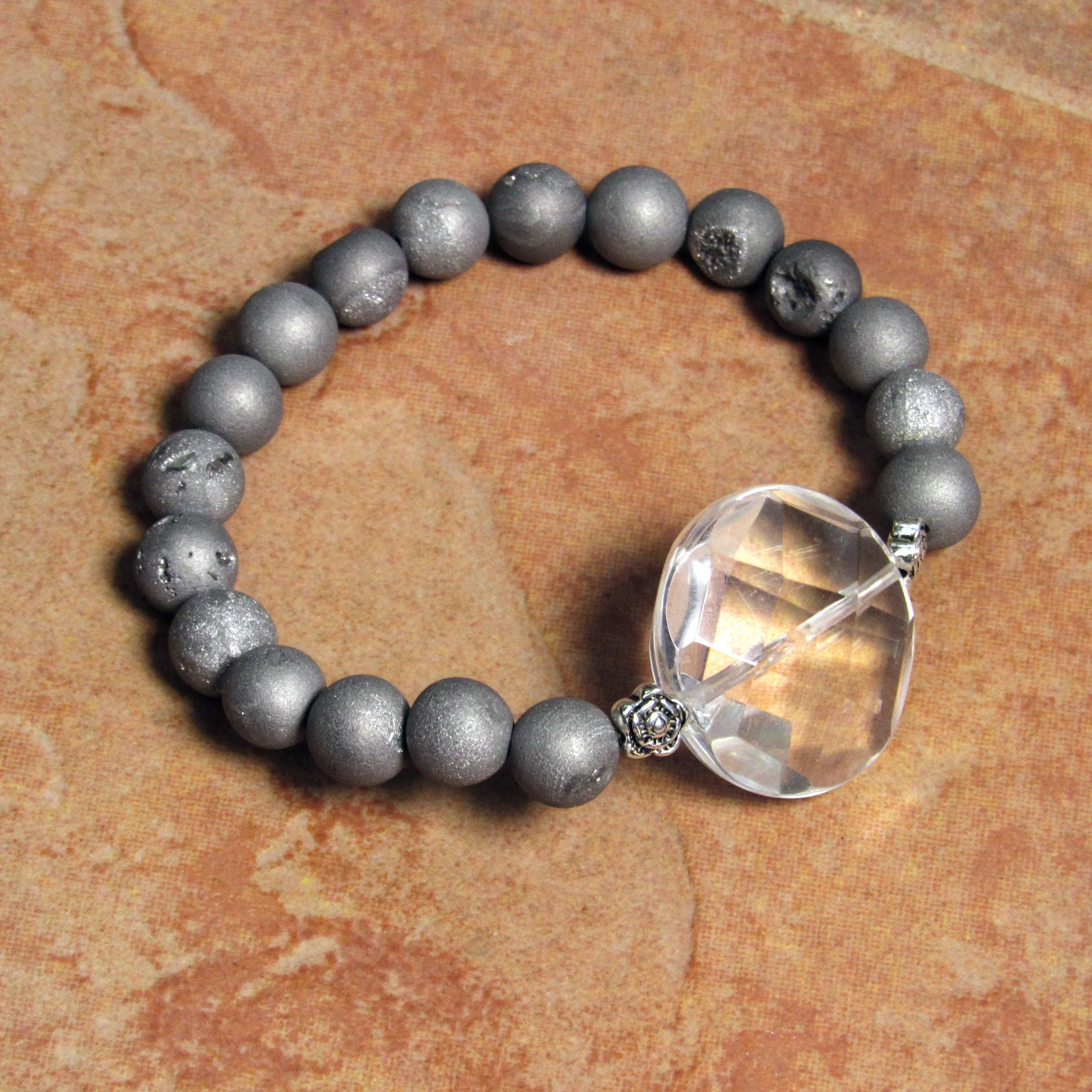 Clear Quartz Gemstone and Druzy Agate  7 stretch Bracelets