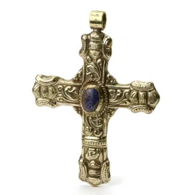 Cross Baroque Style with Lapis Lazuli Cabochon Pendant White Brass Large