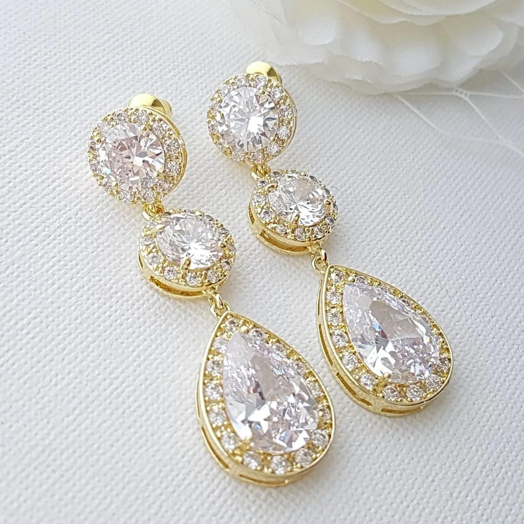 Cubic Zirconia Gold Earrings-Evita