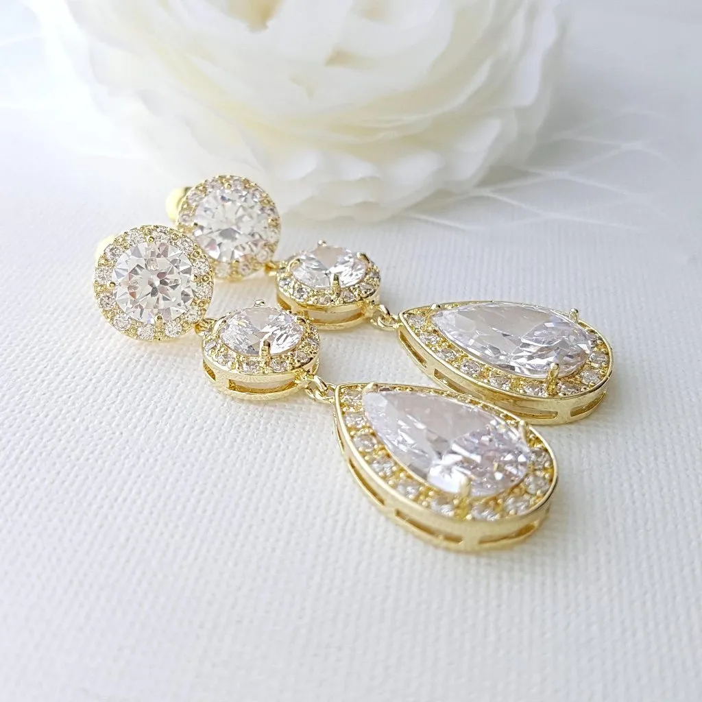 Cubic Zirconia Gold Earrings-Evita