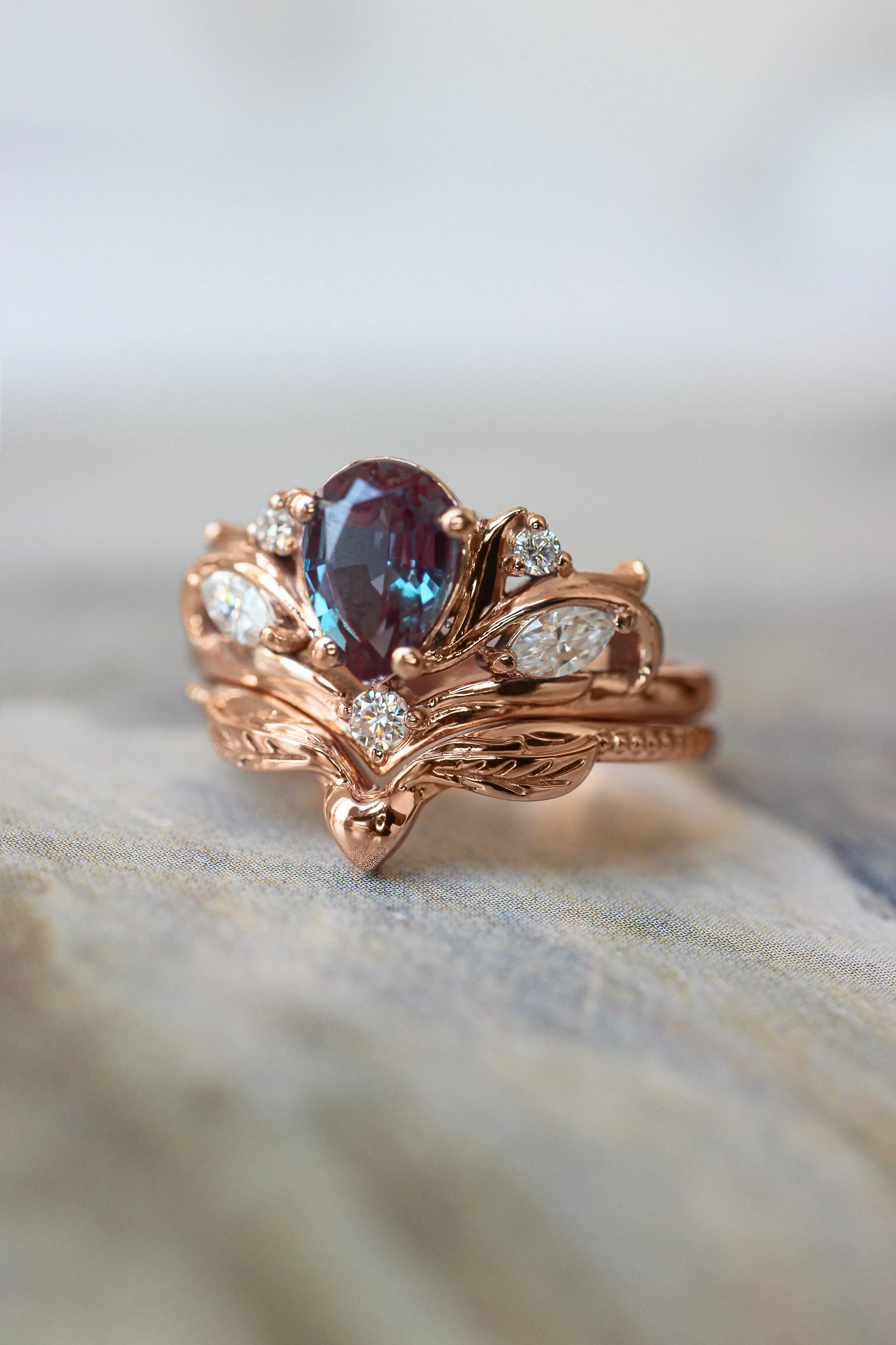 Custom order: Swanlake ring set with alexandrite and moonstones