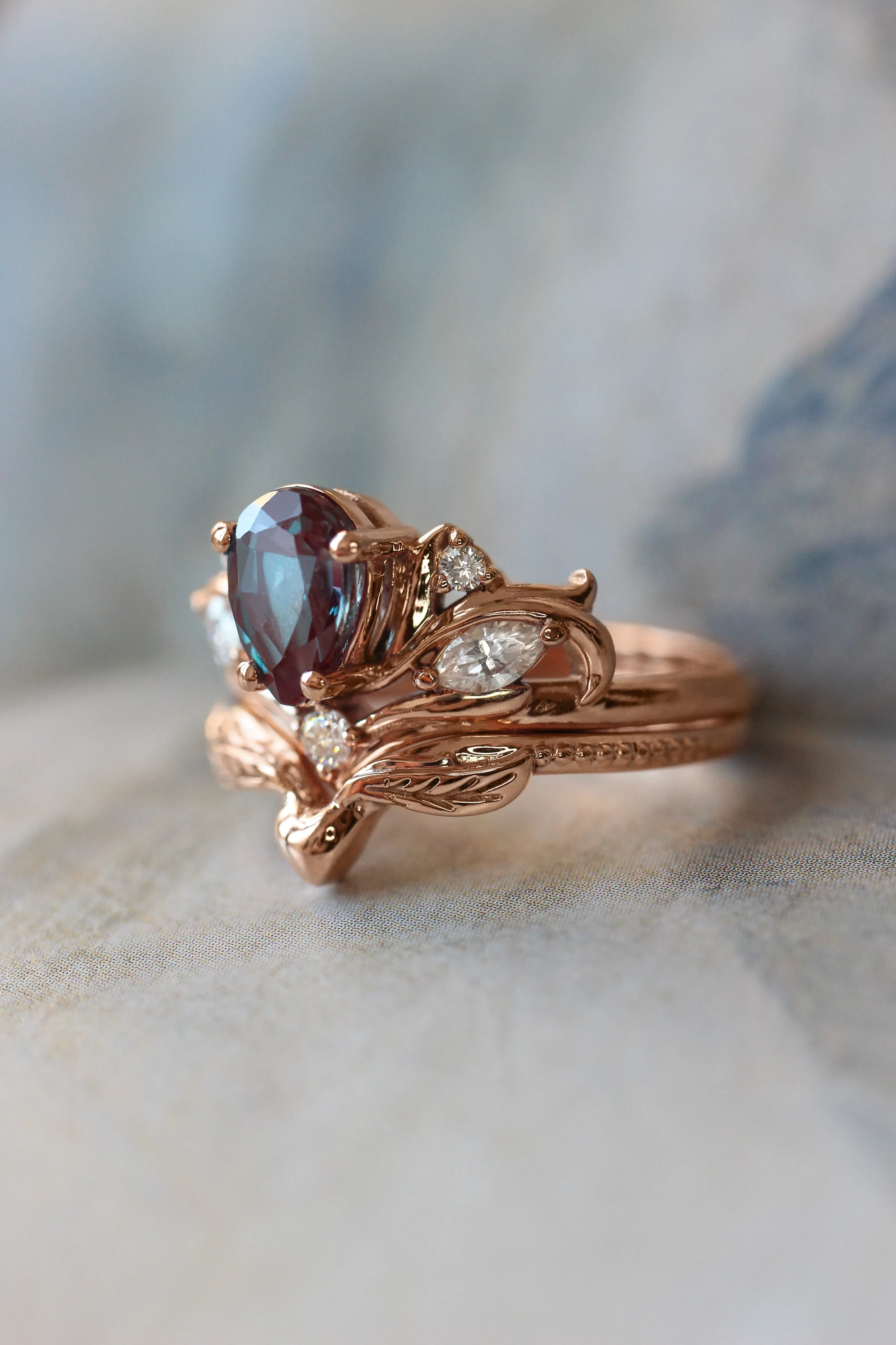 Custom order: Swanlake ring set with alexandrite and moonstones