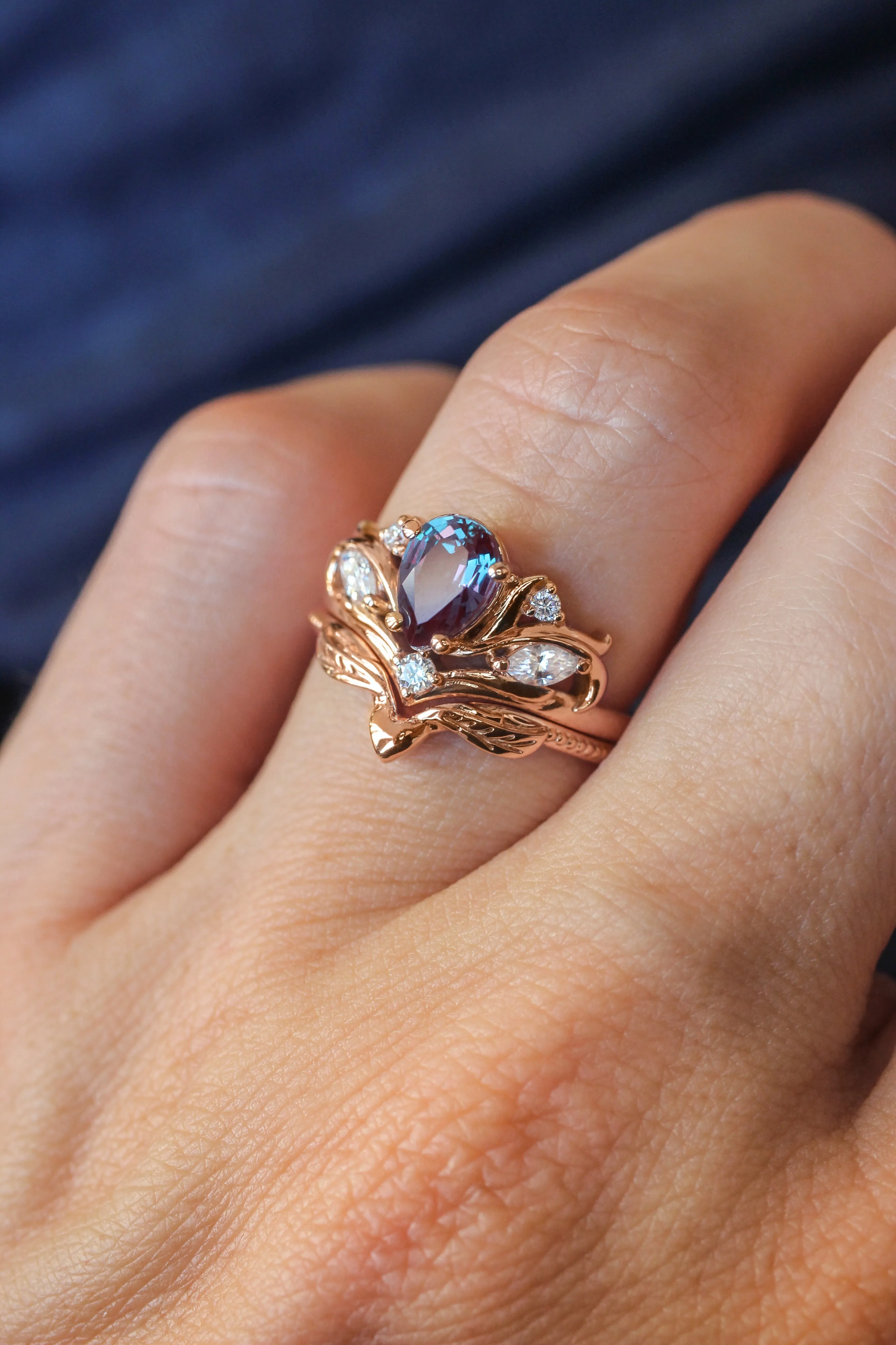 Custom order: Swanlake ring set with alexandrite and moonstones