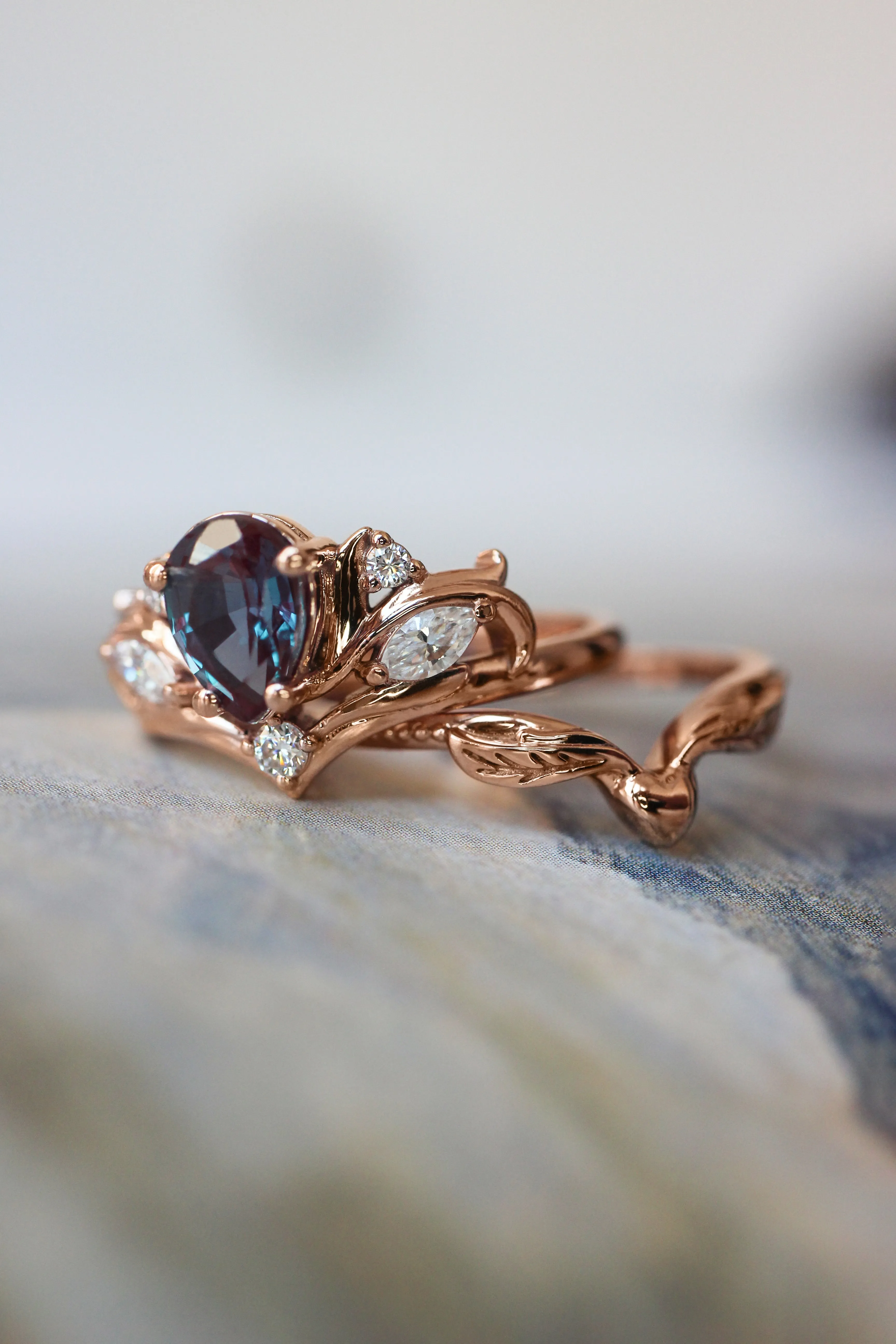 Custom order: Swanlake ring set with alexandrite and moonstones