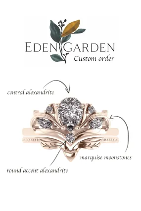 Custom order: Swanlake ring set with alexandrite and moonstones