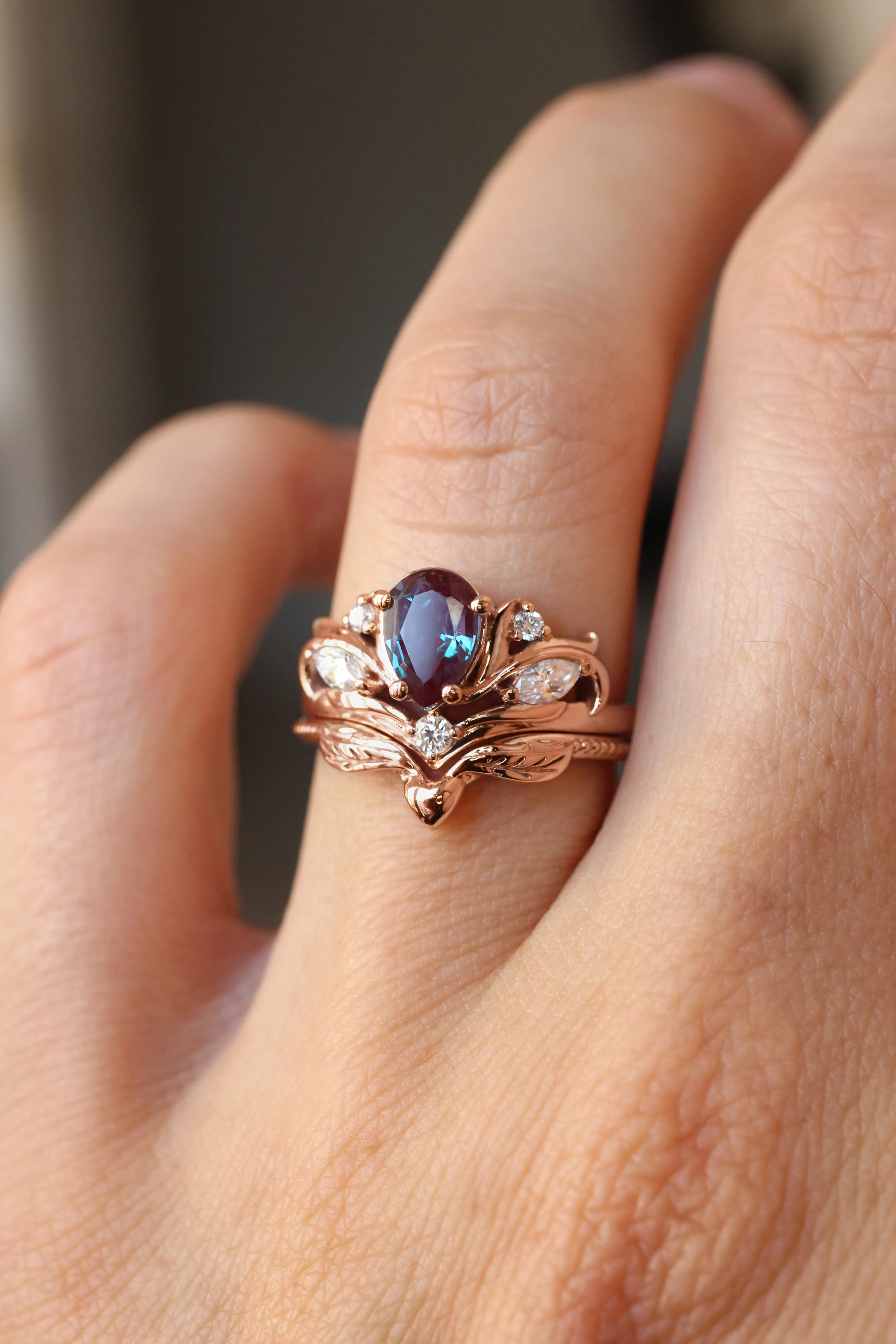 Custom order: Swanlake ring set with alexandrite and moonstones