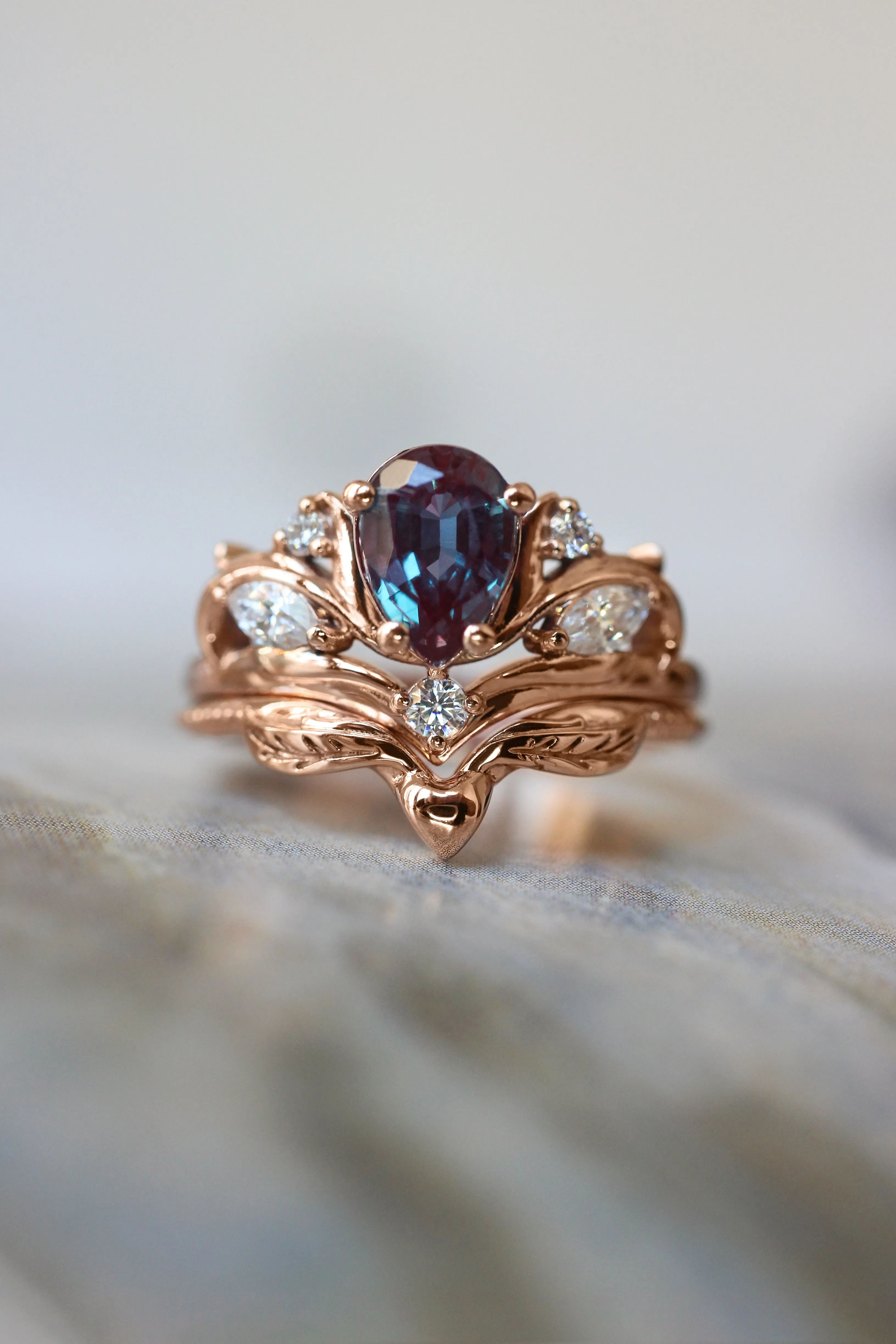 Custom order: Swanlake ring set with alexandrite and moonstones