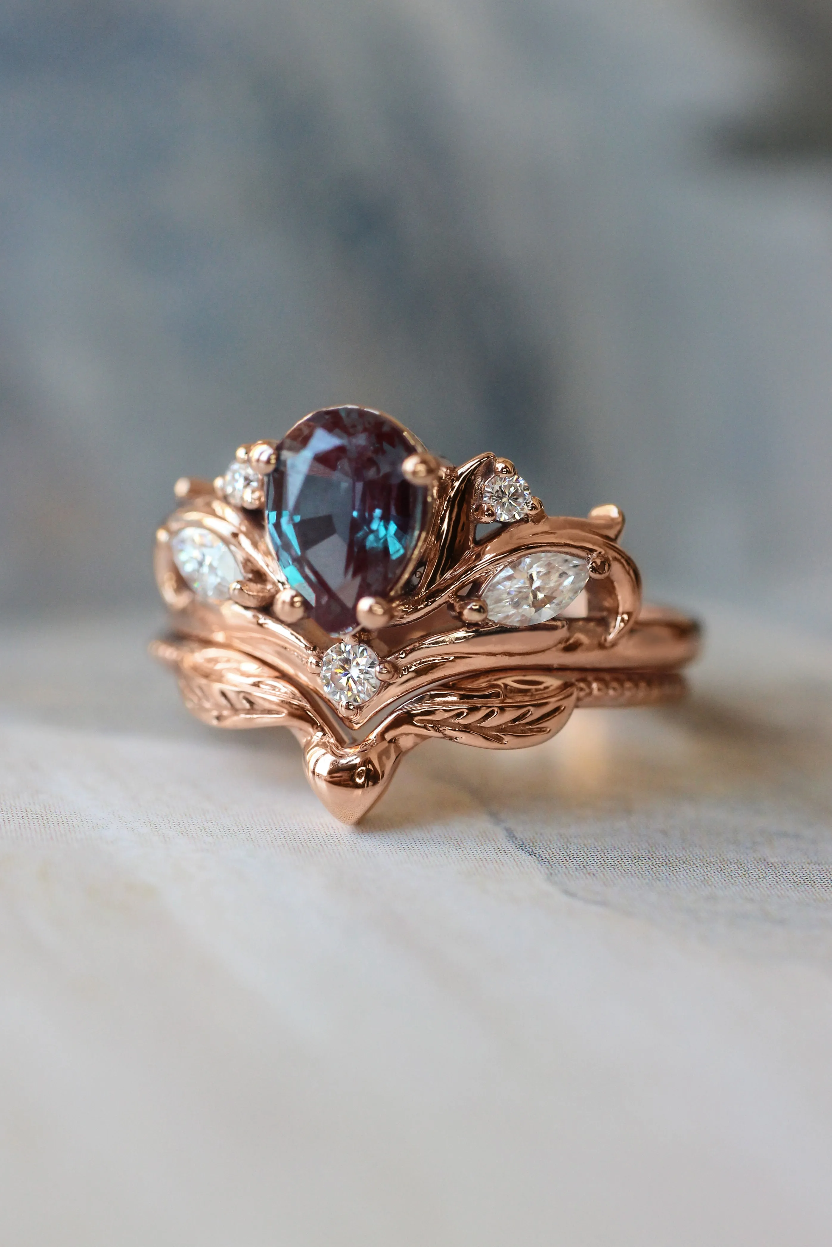 Custom order: Swanlake ring set with alexandrite and moonstones