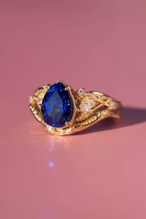 Dark blue lab sapphire engagement ring set, big pear gemstone bridal ring set / Patricia