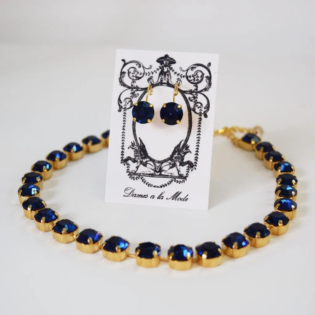 Dark Blue Swarovski Crystal Collet Necklace - Small Round