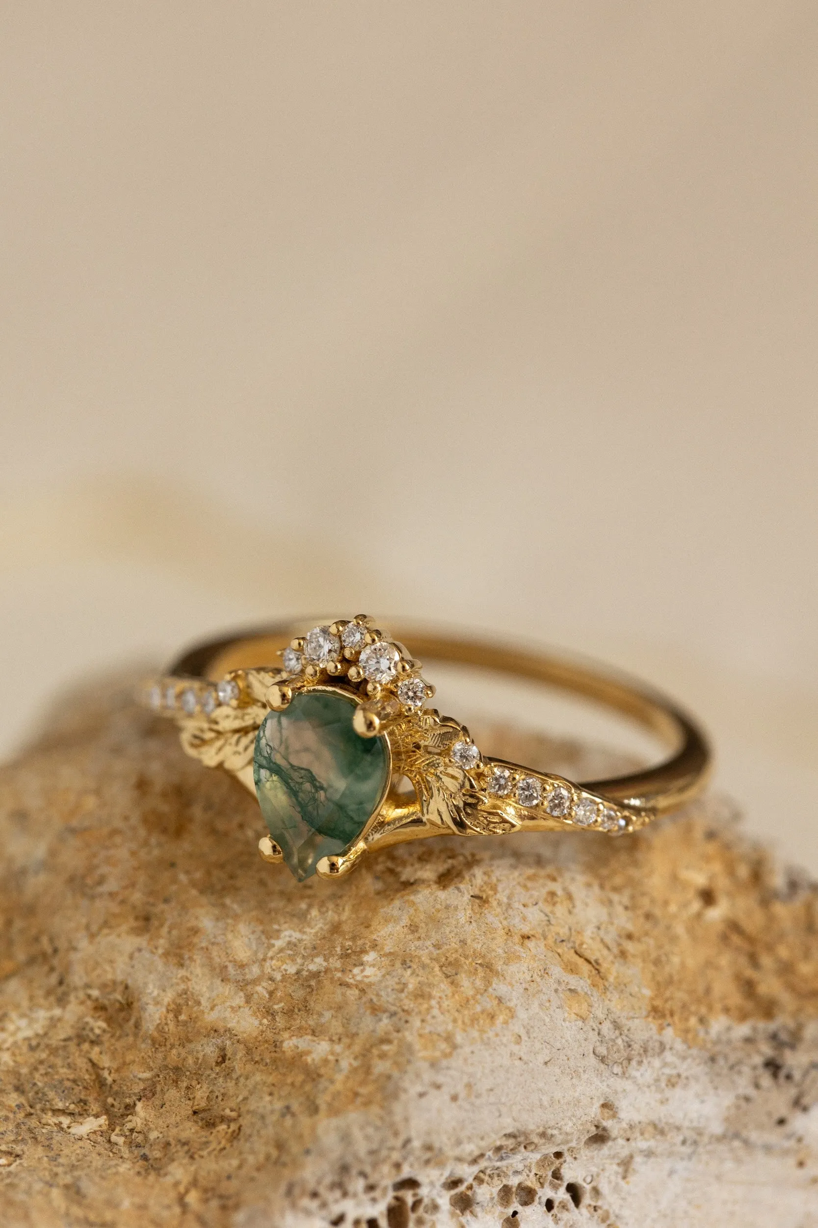 Diamond crown moss agate proposal ring / Amelia