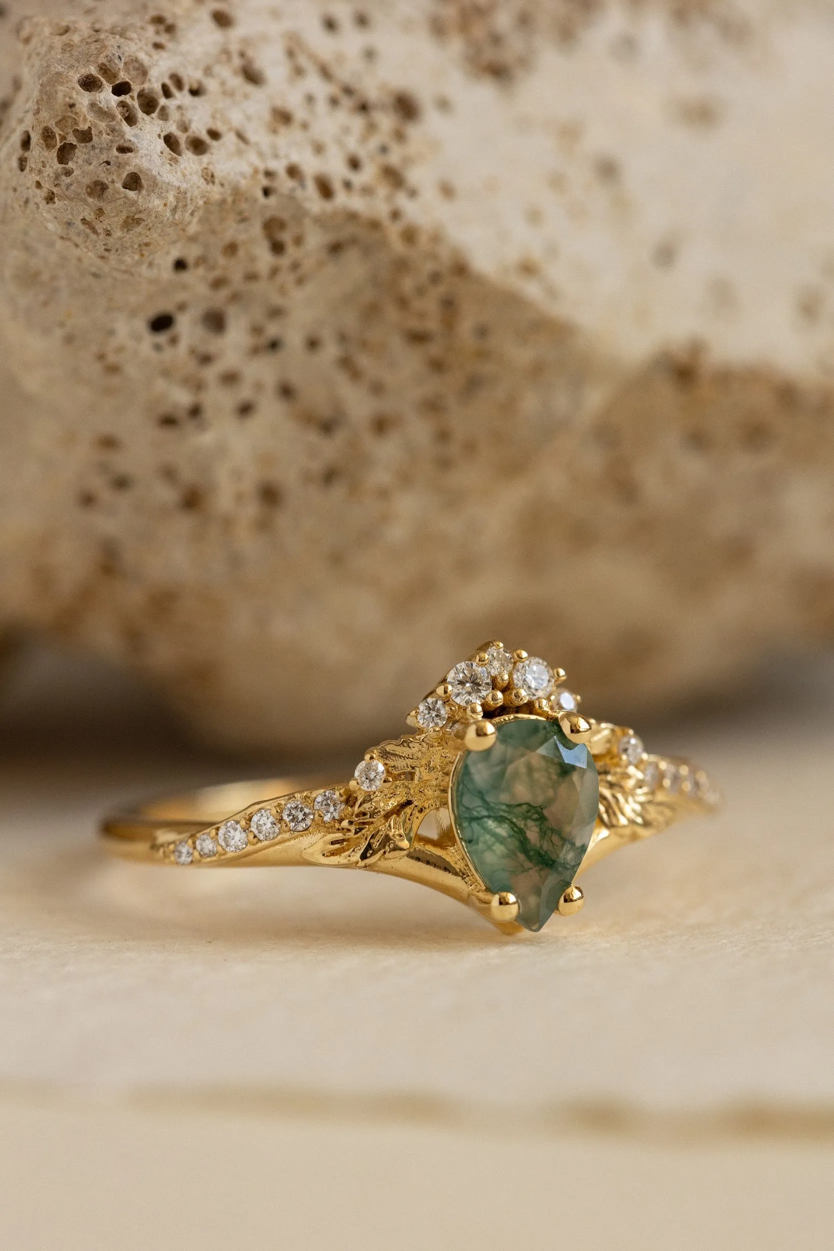 Diamond crown moss agate proposal ring / Amelia