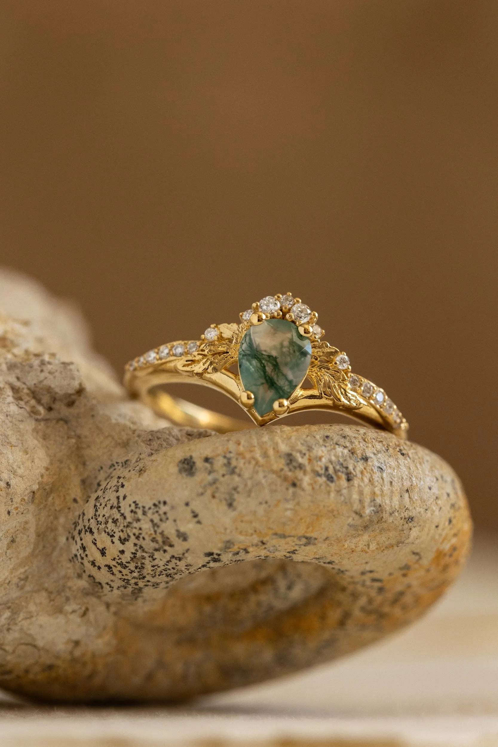 Diamond crown moss agate proposal ring / Amelia