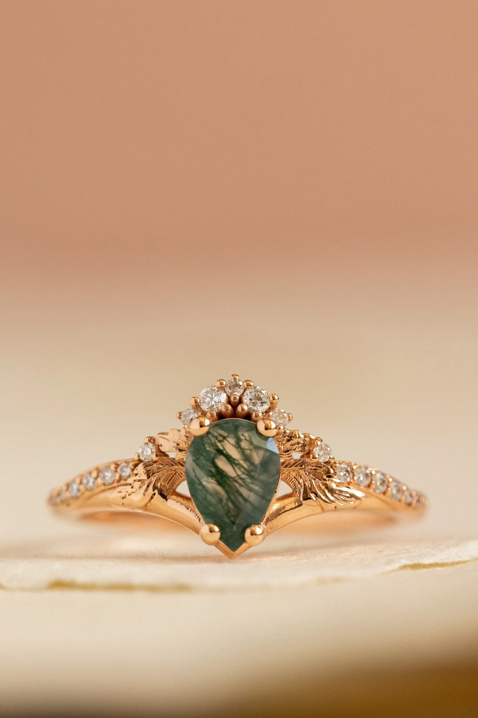 Diamond crown moss agate proposal ring / Amelia