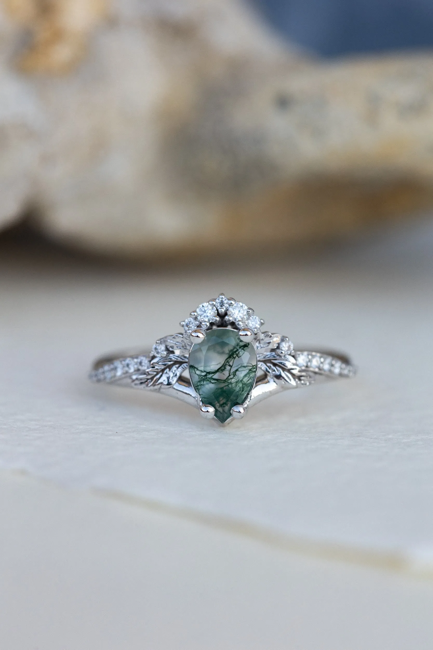 Diamond crown moss agate proposal ring / Amelia