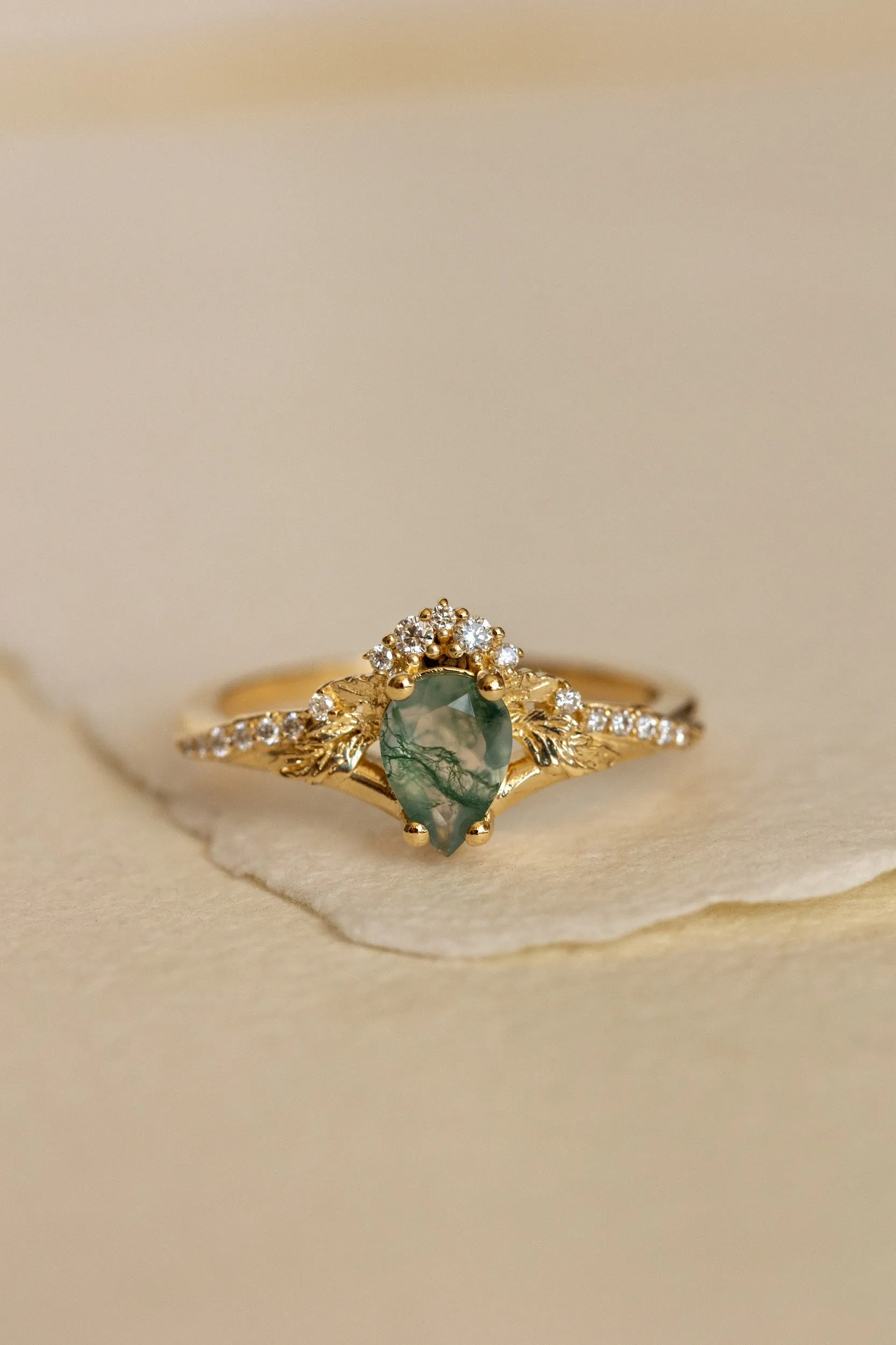 Diamond crown moss agate proposal ring / Amelia