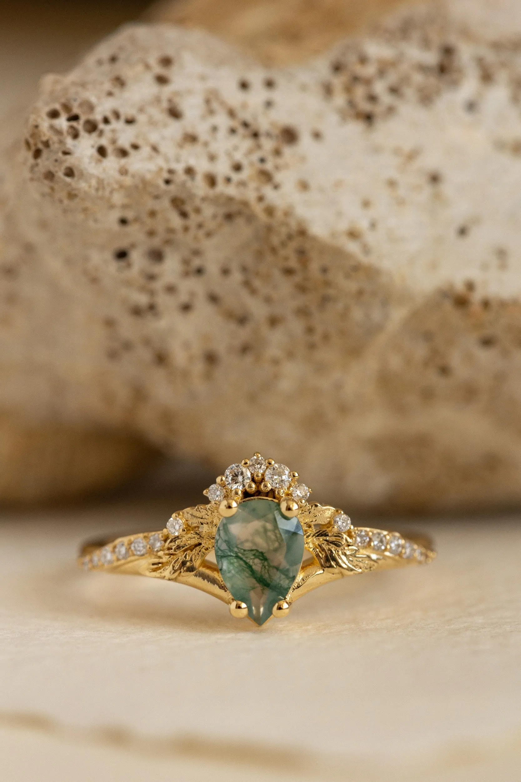 Diamond crown moss agate proposal ring / Amelia