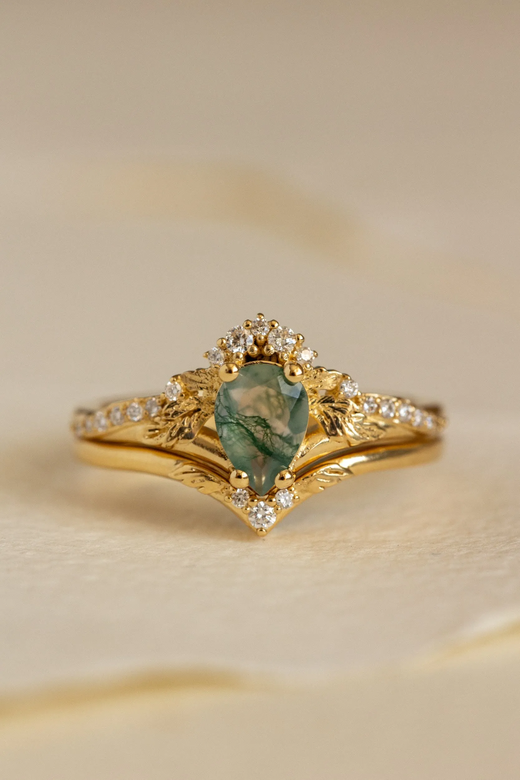 Diamond crown moss agate proposal ring / Amelia