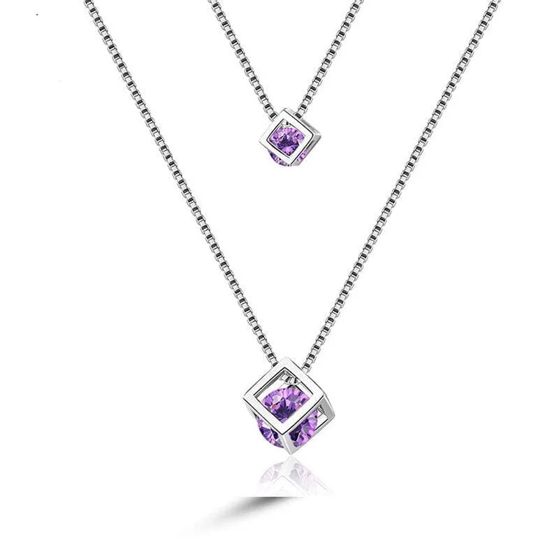 Double Cube Amethyst Pendant Necklace - 925 Sterling Silver