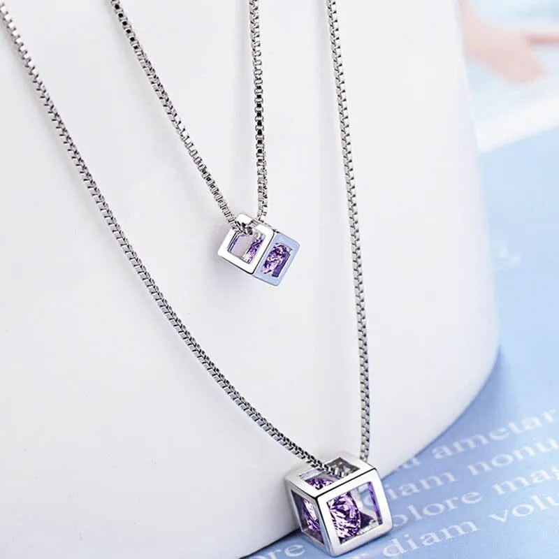 Double Cube Amethyst Pendant Necklace - 925 Sterling Silver