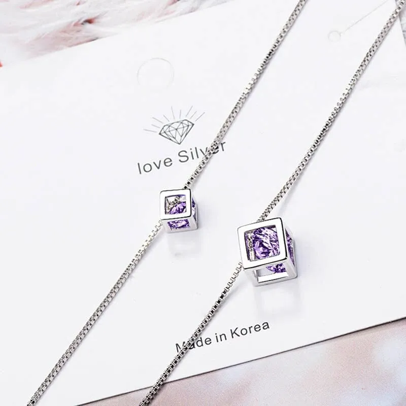 Double Cube Amethyst Pendant Necklace - 925 Sterling Silver