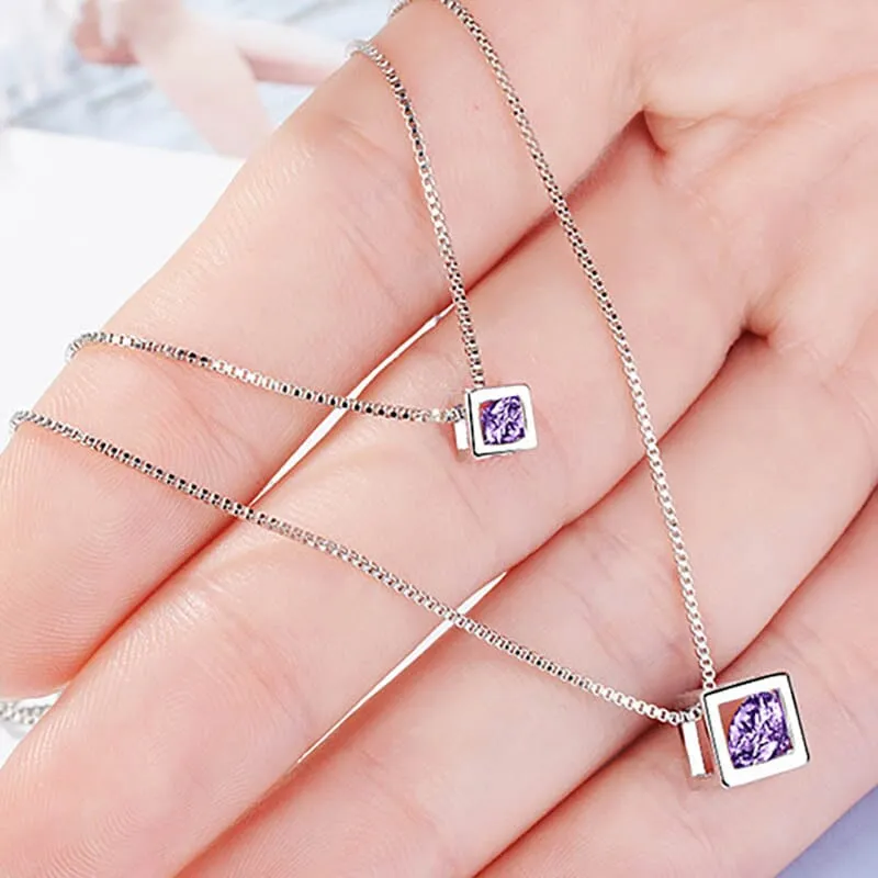 Double Cube Amethyst Pendant Necklace - 925 Sterling Silver