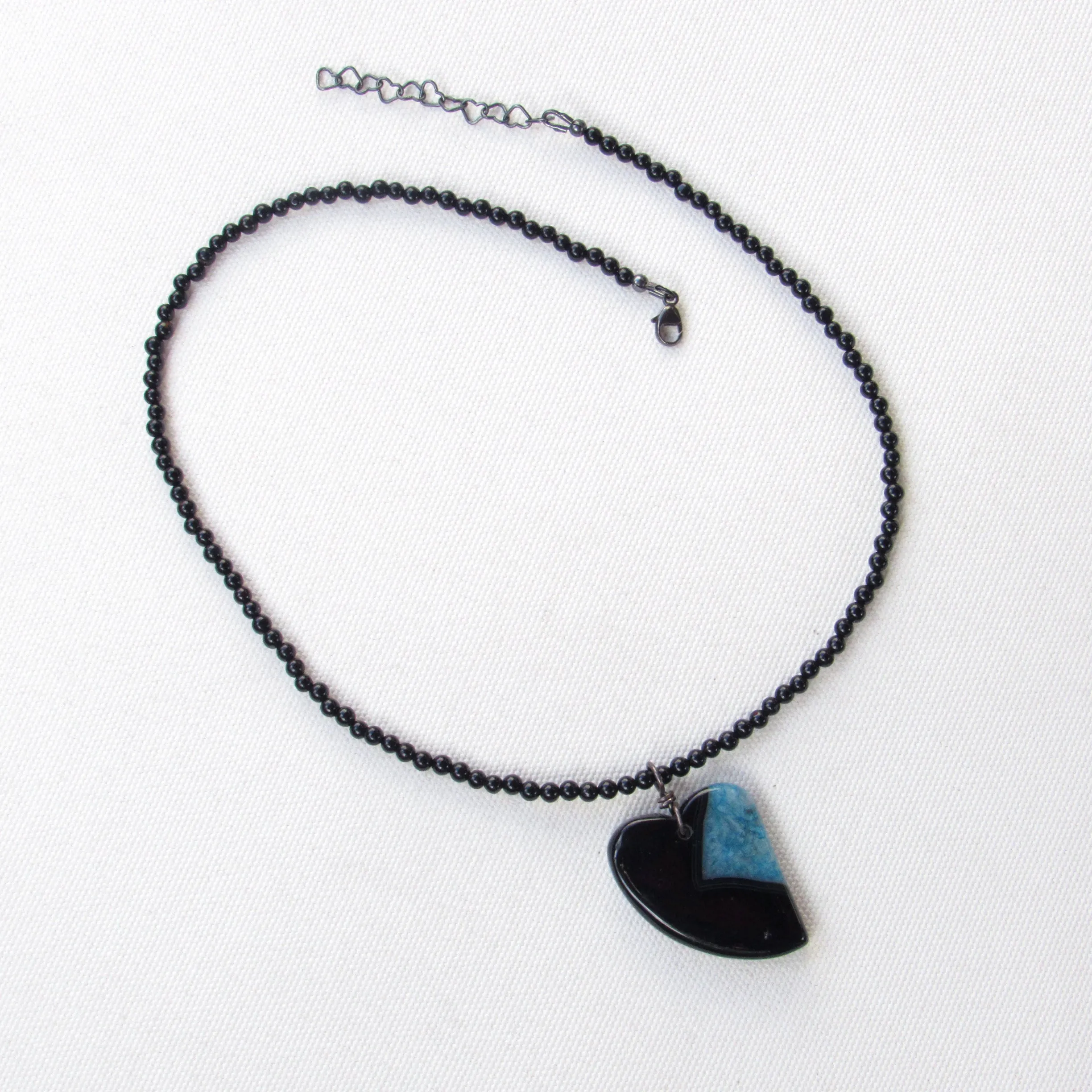 Druzy Agate gemstone Heart on Onyx beaded necklace