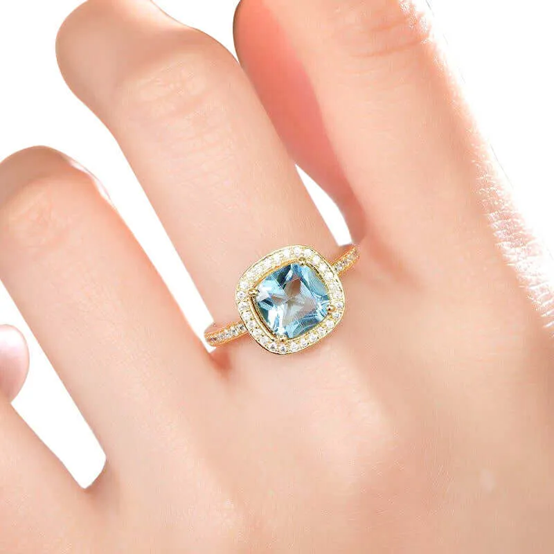 Elegant Aquamarine Blue Cushion Cut Engagement Ring