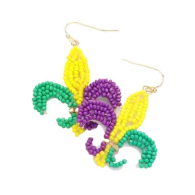 Felt Back Mardi Gras Seed Beaded Fleur de Lis Earrings