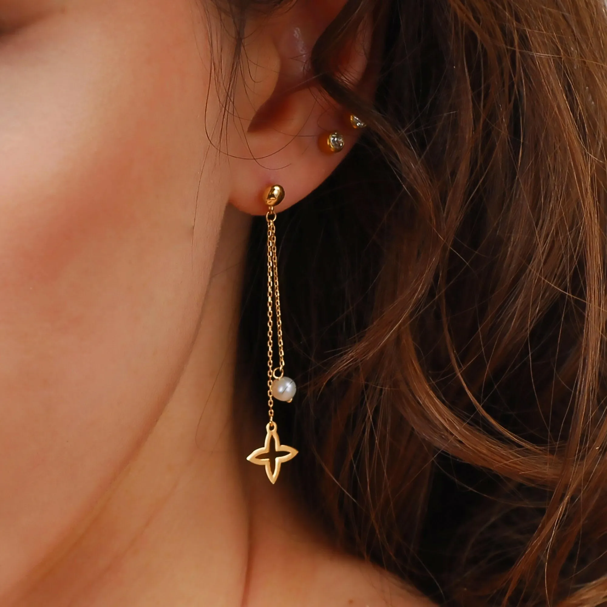 Flower Stud Dangle Earrings | 14K Solid Gold