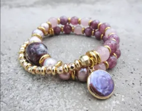 Freshwater Pearl, Plum Tourmaline, Lepidolite, Stainless Gold Mala Bracelet in 27 Beads