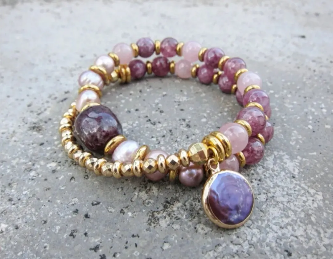 Freshwater Pearl, Plum Tourmaline, Lepidolite, Stainless Gold Mala Bracelet in 27 Beads