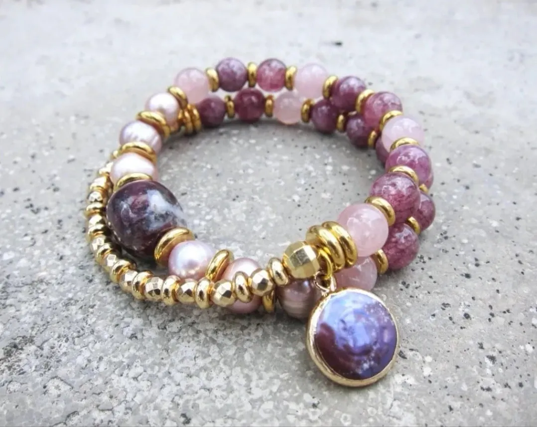 Freshwater Pearl, Plum Tourmaline, Lepidolite, Stainless Gold Mala Bracelet in 27 Beads