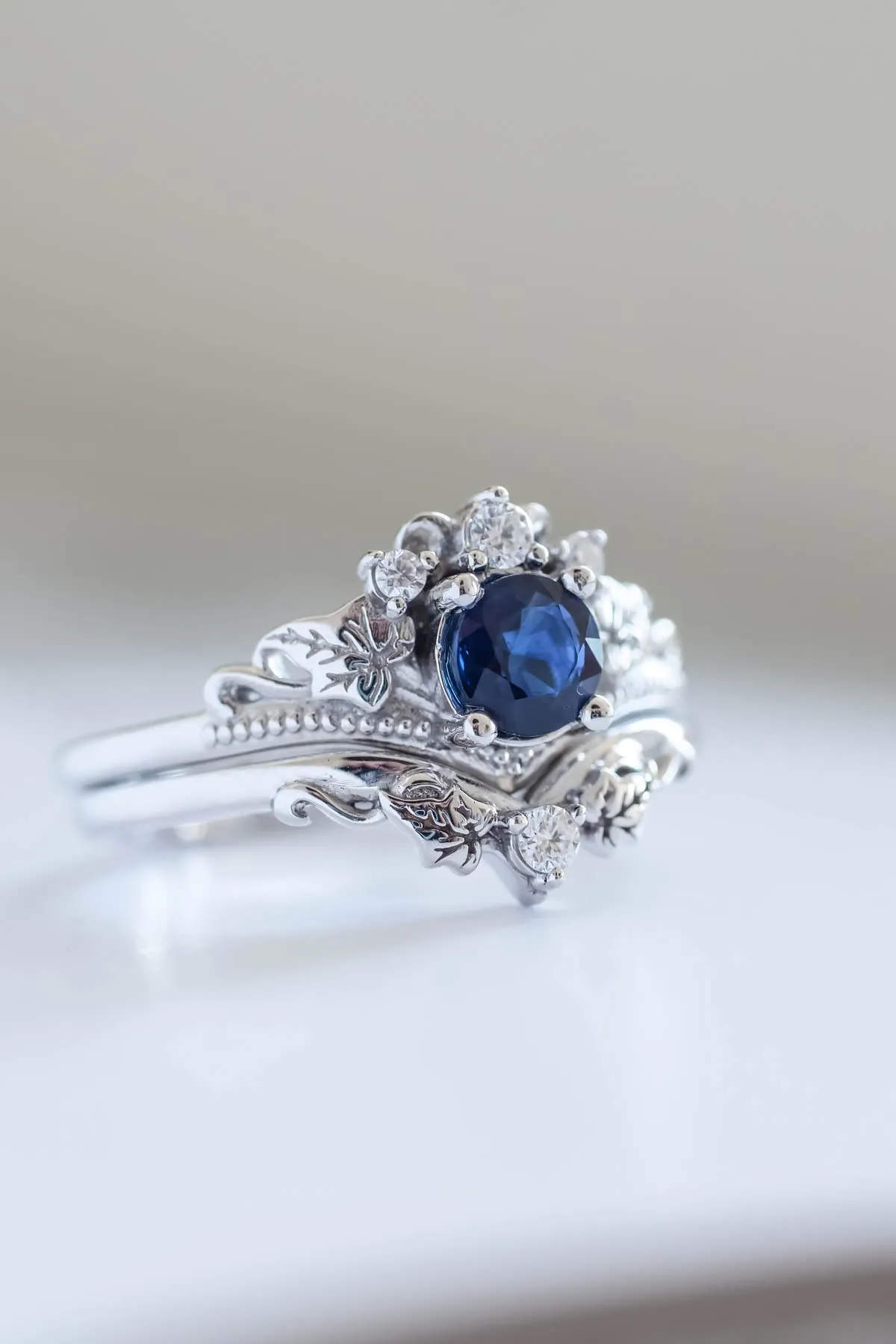 Genuine sapphire engagement ring set, fantasy bridal rings / Ariadne