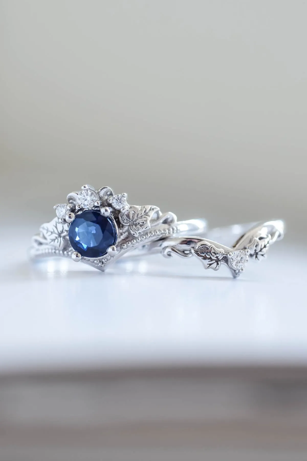 Genuine sapphire engagement ring set, fantasy bridal rings / Ariadne