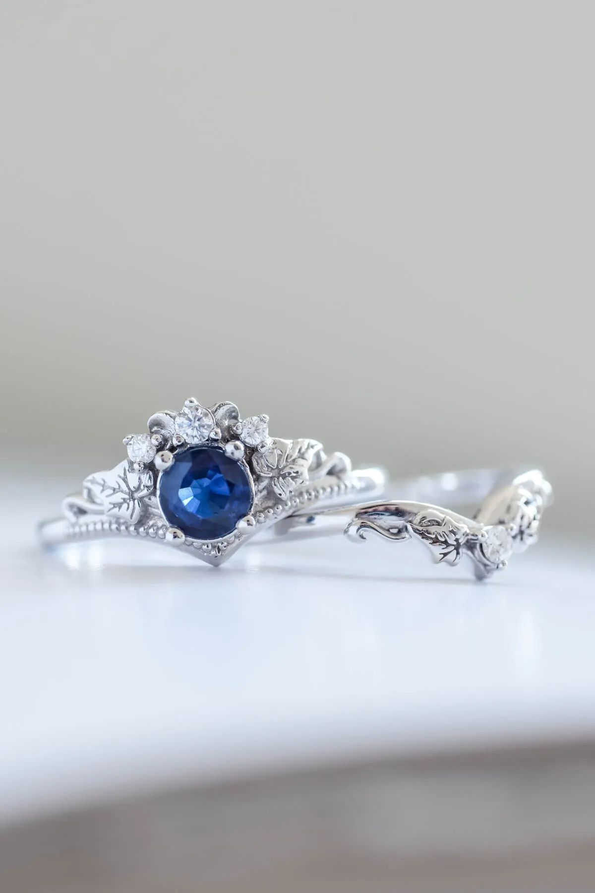 Genuine sapphire engagement ring set, fantasy bridal rings / Ariadne