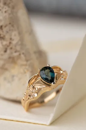 Genuine teal sapphire engagement ring, gold flower proposal ring / Eloise