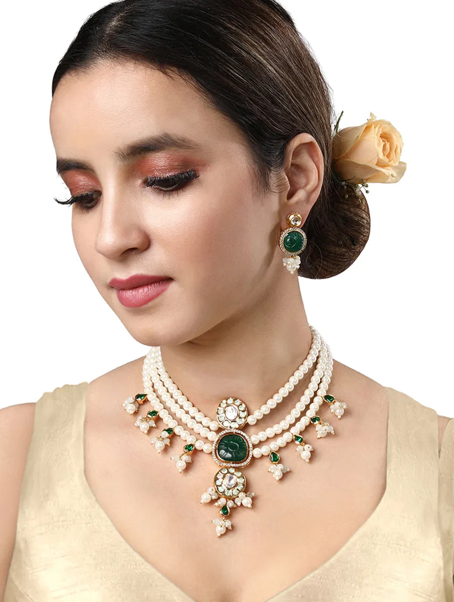 Gold Plated Kundan Necklace with Onyx and Pearls