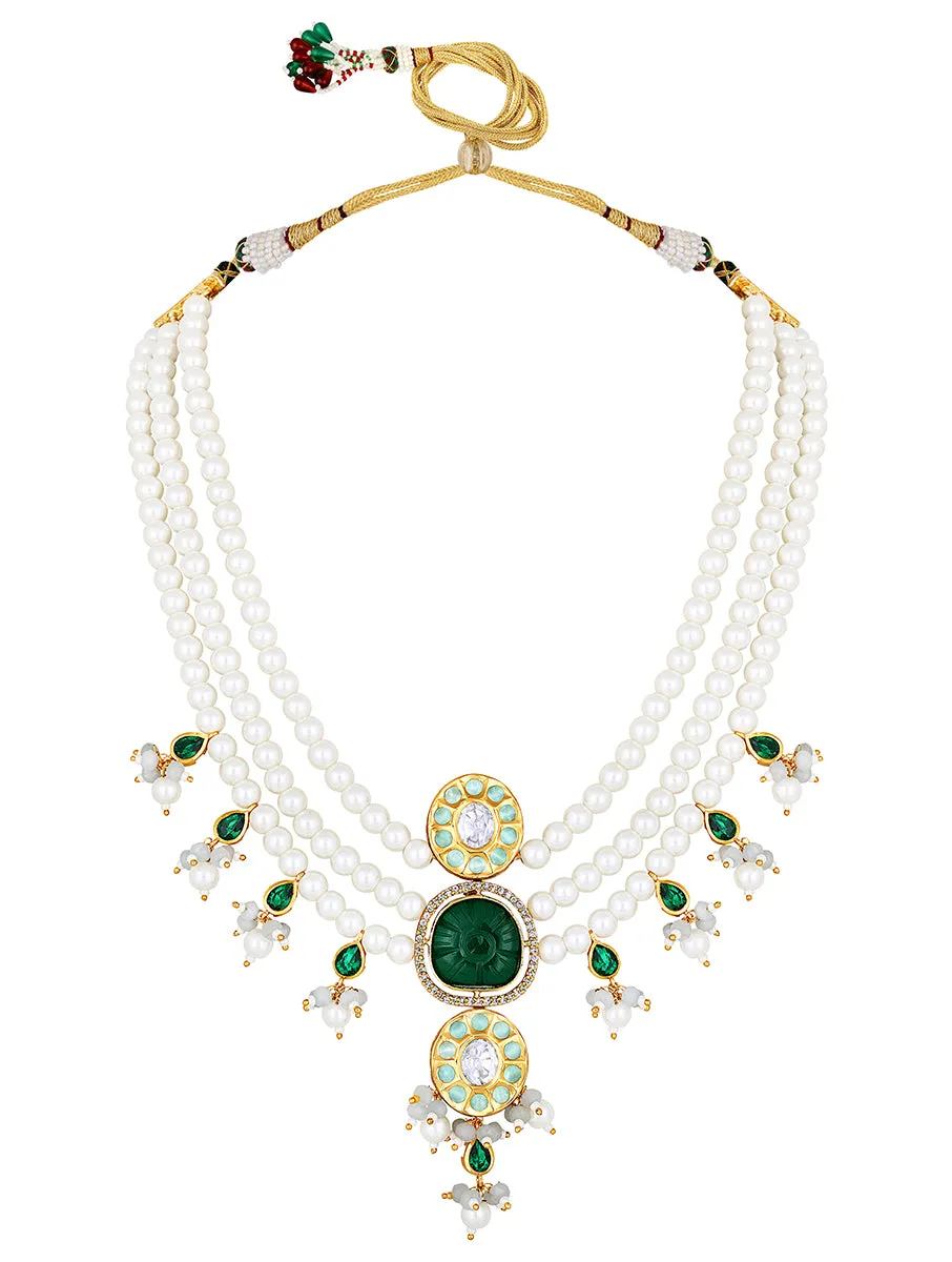 Gold Plated Kundan Necklace with Onyx and Pearls