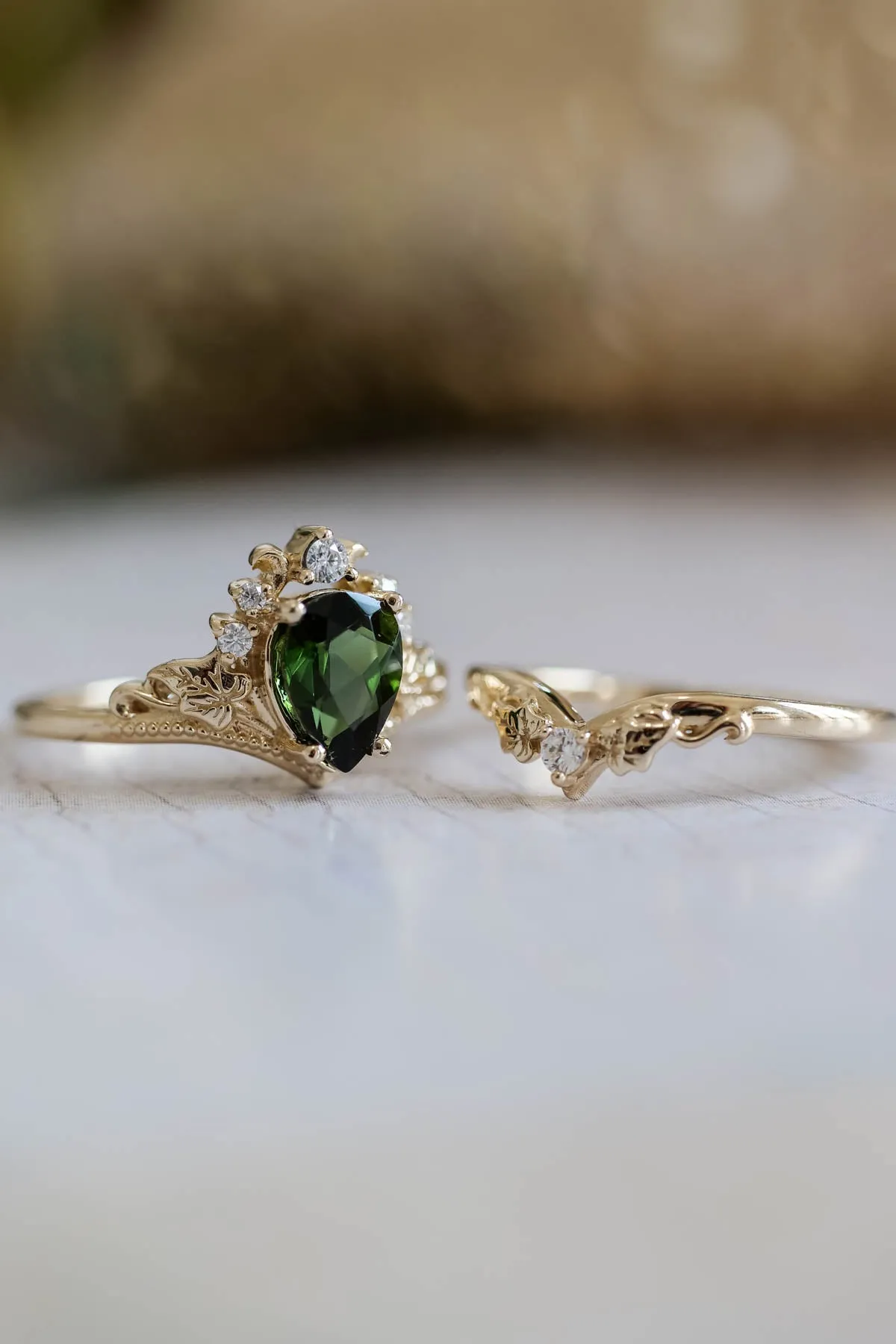 Green tourmaline engagement ring, bridal ring set with diamonds / Ariadne